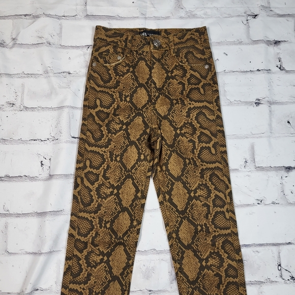 ZARA Tan Brown Neutral Snake Python Pattern High Rise Skinny Jeans Size 0 - Picture 3 of 4